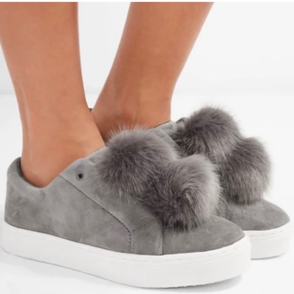 NWB Sam Edelman Leya Faux Fur Pompom Suede Slip-on Platform Sneakers Grey 9 - Picture 1 of 14